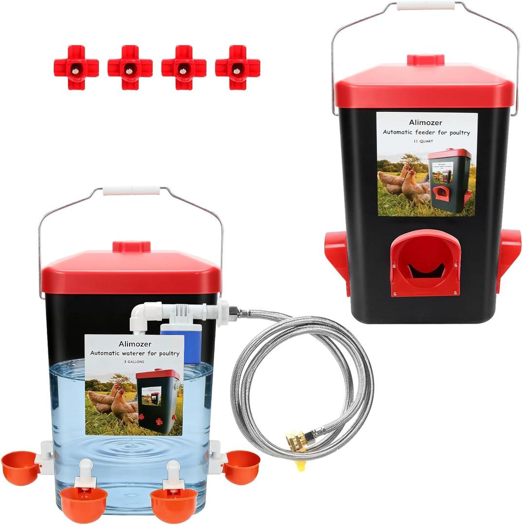 3 Gallon & 26lbs Automatic Chicken Feeder and Waterer Set, Hanging No-Waste Poultry Feeder with 4 Nipple Drinkers, Chicken Coop Supplies for Hens Feeding Equipment for Backyard Farm