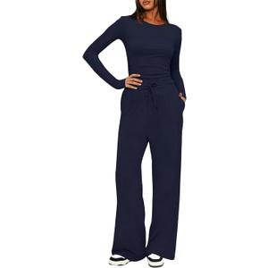 Womens Lounge Sets - Two Piece,Long Sleeve Slim Fit Tee Wide Leg Pants Tracksuit Sets | for Travel
 (Medium, Navy Blue)