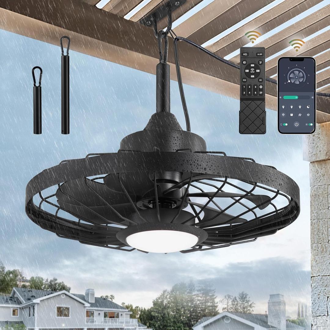 LEDIARY 20" Outdoor Ceiling Fan with Lights,IP65 Waterproof Gazebo Hanging Fan with Remote Control Smart App, Plug in Caged Ceiling Fan with 3CCT 6-Speeds for Patio Porch Pergola (Black)