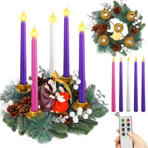 Tioncy 12 Inch Christmas Advent Wreath Candle Holder with Nativity Scene Figurine 5 Flameless Candles Remote Control Wreath Holder Centerpiece Decoration with Berries(White Berries, 11 x 0.8 x 0.8 In)