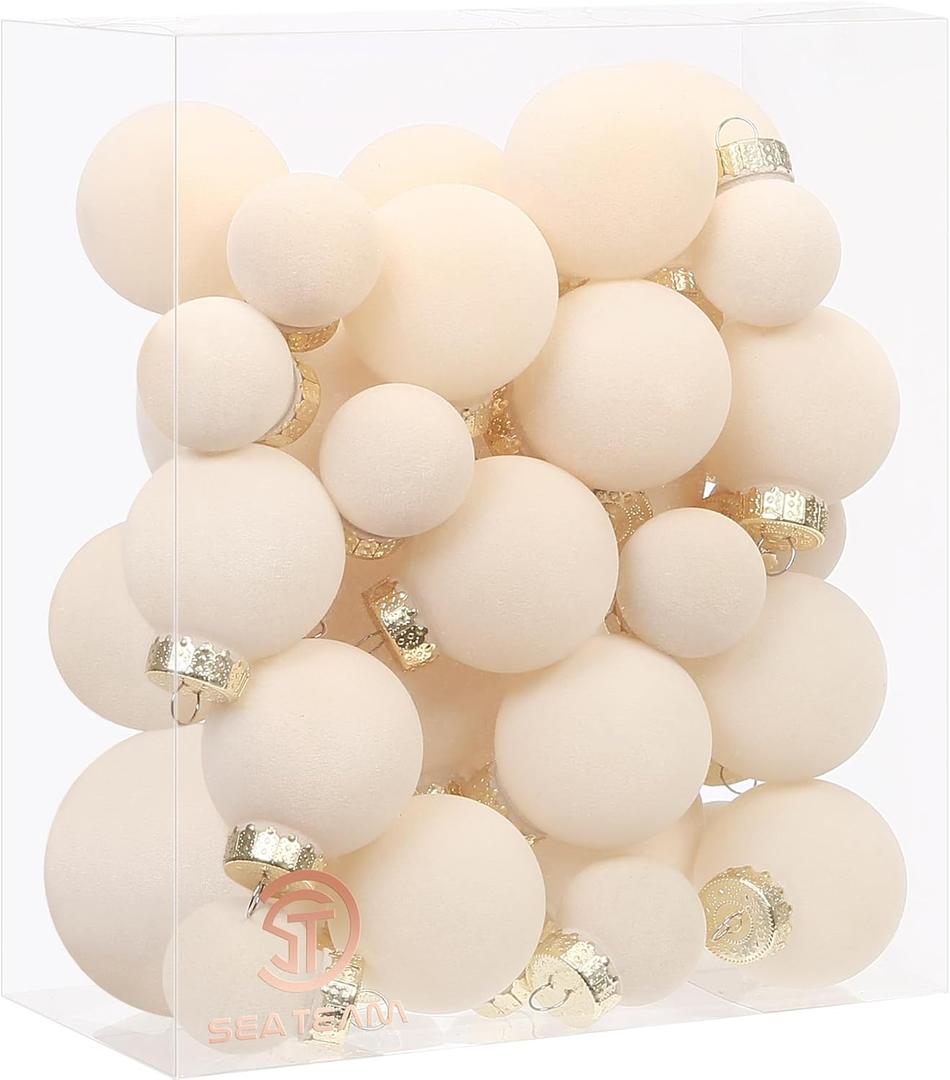 Sea Team 32-Pack Flocked Velvet Christmas Tree Ball Ornaments Set, Decorative Hanging Baubles, Shatterproof Plastic Decorations for Xmas Tree, Wreath, Garland, Multi-Sized, Cream