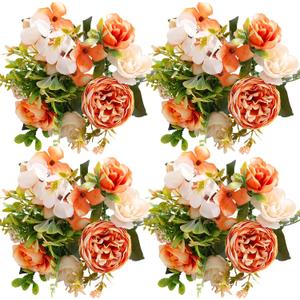 ASTRYAS 4Pcs Peonies Artificial Flowers, Fall Decor, Fake Orange Peony Silk Hydrangea Flower Bouquet Rose Flowers Centerpieces for Decorationn Wedding Party Home Decor (4pcs Orange)