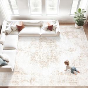 Area Rugs 8x10 Vintage Rug: Large Washable Living Room Rug Retro Medallion Distressed Rugs Soft Low Pile Non-Slip Indoor Floor Carpet for Bedroom Kitchen Nursery Dining Table Office (Beige, 8'x10')