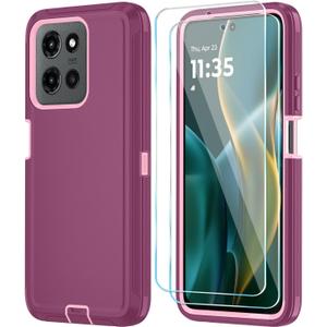 Qinmay Phone Case for Motorola Moto G 2025/Moto G Play 5G 2025 Case with HD Screen Protector, Heavy Duty Shockproof & Dropproof 3-Layer Cover Phone Case,WineRedPink