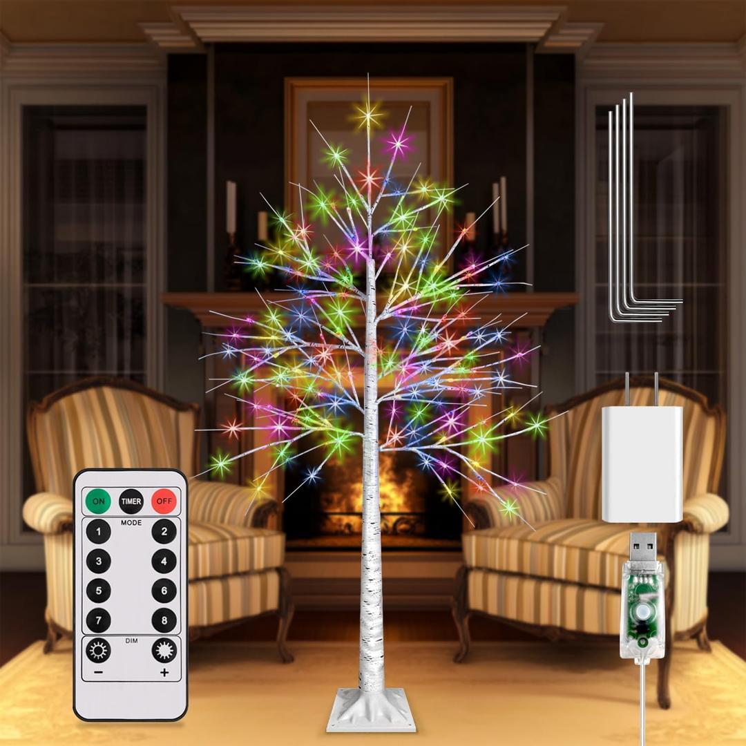 5FT Lighted Birch Tree, Birch Tree with 90 LED Lights, 8 Flash Modes and Timer, Light Up Twig Christmas Tree for Indoor Outdoor Home Party Garden Wedding Decorations (Warm White & Multicolor)