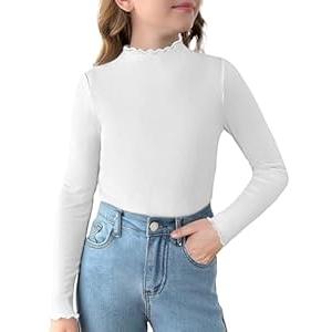 Arshiner Girls Long Sleeve Shirts Lettuce Trim Mock Neck Slim Fit Basic Tops Ribbed Thermal Undershirts Layering Tee White 7-8 Years
