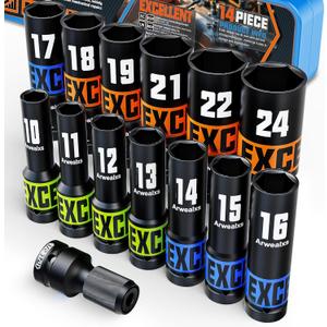 14 Piece 1/2-Inch Drive Impact Socket Set, 10-24mm Deep Sockets, 6 Point Metric Sockets for Automotive Repair, Equipment Maintenance