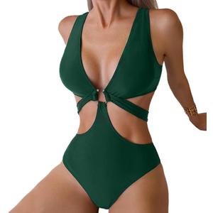 Women's Deep V Neck One Piece Swimsuit O-Ring Swimwear Sexy Cut Out Bathing Suit (Army Green, Size L)