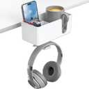 KDD 4-in-1 Desk Organizer - Under Desk Cup Holder and Headphone Hanger with 2 Wire Holes - Rotating Hanger and Detachable Storage for Cup, Phone and Pen (White)