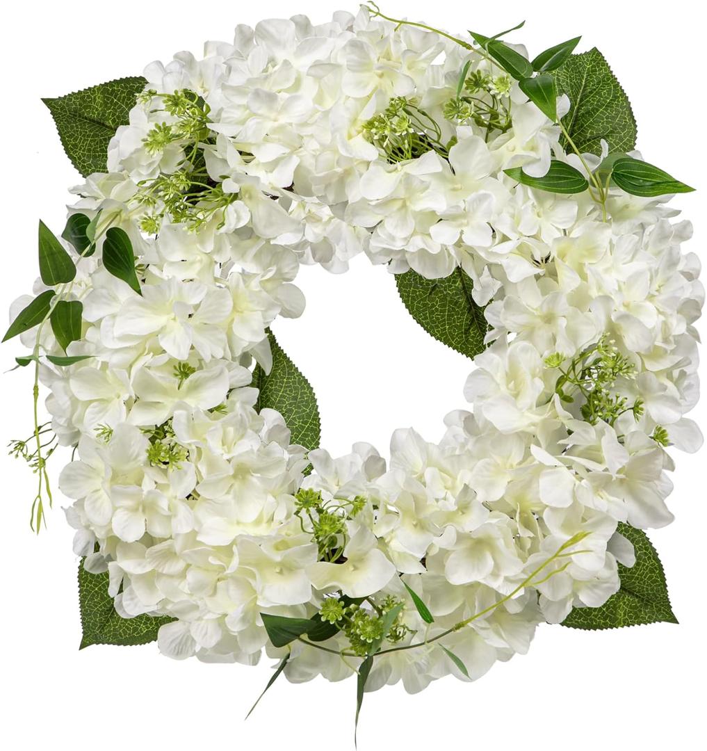 Briful Hydrangea Spring Wreaths for Front Door, 16.5'' White Hydrangea Artificial Door Wreaths for Home Mantle Wall Farmhouse Decor
