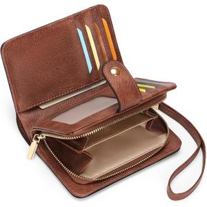 GAEKEAO Women's Wristlet Wallet with RFID Blocking, Small Vegan Leather Bifold Card Holder with Zipper Pocket & ID Window (A-Retro-Brown)