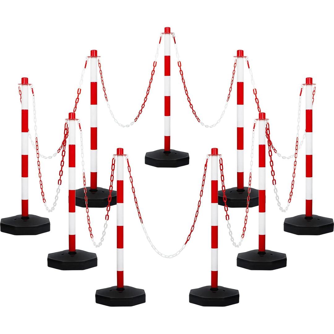 9 Packs Traffic Delineator Post Cone with Base, Traffic Cones Safety Cones Caution Cones Plastic Stanchion Chain Safety Barriers with 6.6 Feet Link Chain and S Hooks for Parking Lot (Red)