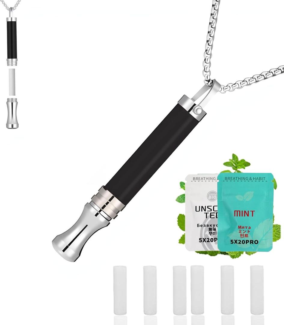 Quit Smoking Necklace with Mint Filter, Anxiety Breathing Necklace with Resistance, Obsidian Quit Vaping Tool with Air Filter, Anxiety Relief Breathing Tool