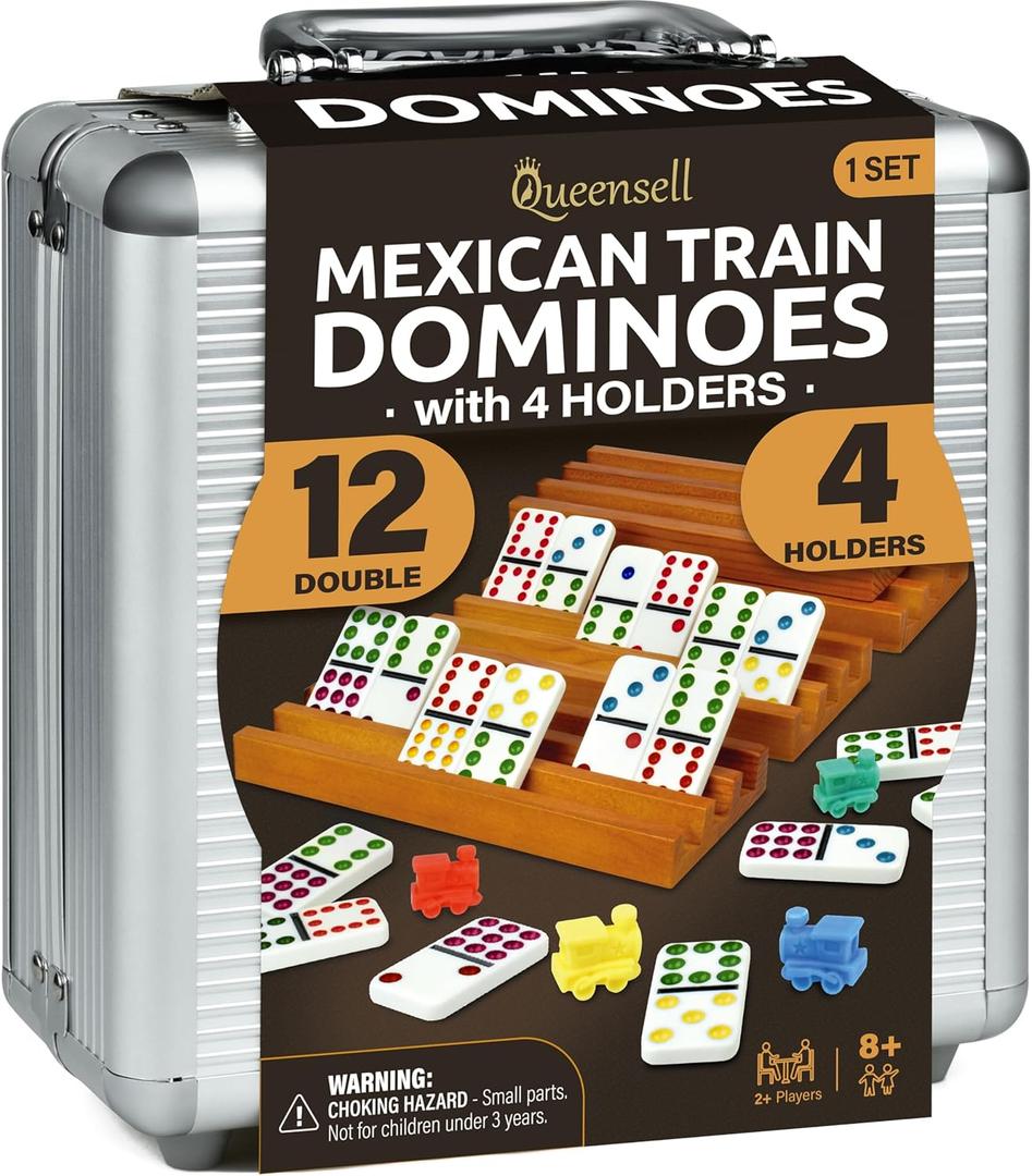 Mexican Train Dominoes Set with 4 Holders - Dominoes Double 12 with Wooden Hub and Tiles Holders - Double 12 Dominos Set for Family Game Night for Adults and Kids Ages 8 and up (D12 + 4 Holders)