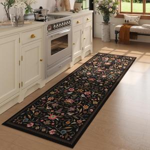 Vintage Medallion Floral Kitchen Runner 2x6, Machine Washable Rug, Soft Low Pile, Non-Slip Carpet for Hallways, Laundry, Bedroom, Bathroom, Entryway | Black