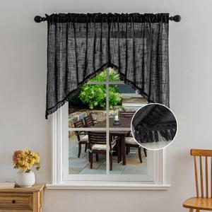 Beda Home Tassel Linen Textured Swag Curtain Valance for Farmhouses Kitchen; Light Filtering Rustic Short Swag Topper for Small Windows Bedroom Privacy Added Rod Pocket Design (Black 36x36-2PCs)