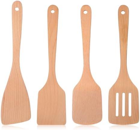 HJZHII 4Pcs Wooden Spatula for Cooking, Flat Wooden Spatula for Non Stick Cookware Paddle Turner Slotted Frying Cooking Utensils Kitchen for Baking Mixing Scraping