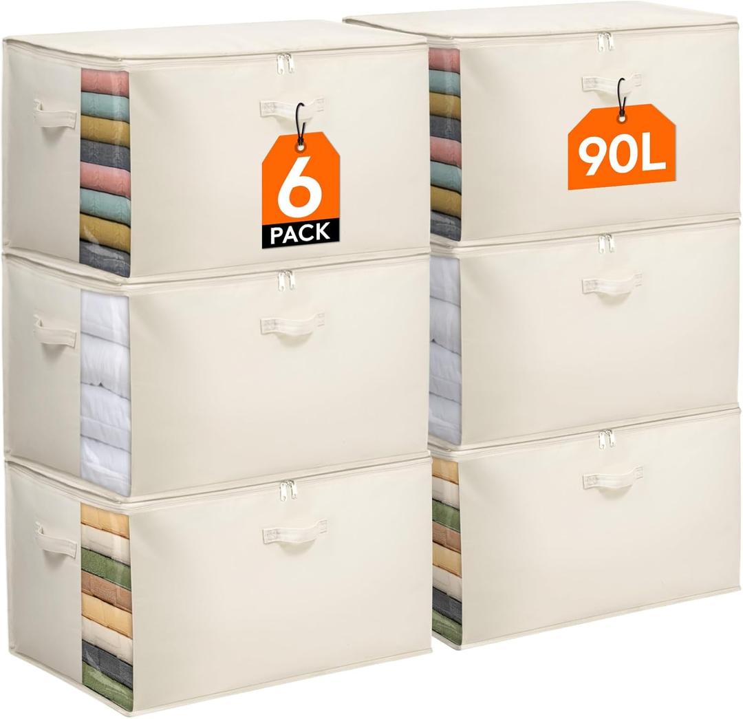 Lifewit Large Canvas Cotton Comforter Storage Bags with Zipper 6 Pack, 90L Breathable Foldable Clothing Containers, Linen Sweater Organizers Boxes for Clothes, Blankets, Pillows, Duvets, Bedding