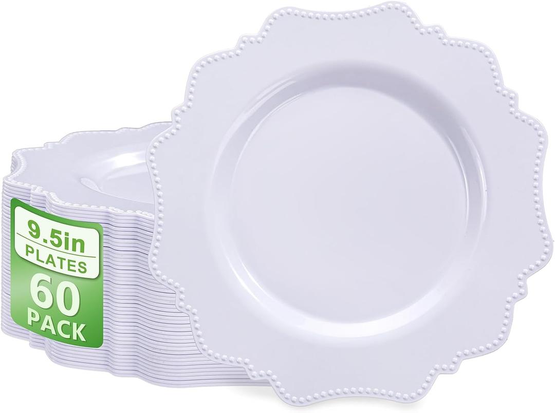 COLOSUS 60pcs White Plastic Party Dinner Plates - 9.5 Inch- Heavy Duty Disposable Plastic Dinner Plates for Party Thanksgiving and Everyday Use