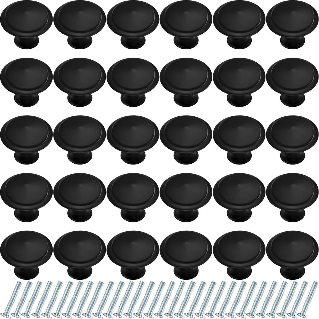 Ripeng 24 Pieces Round Kitchen Cabinet Door Knobs Black 1.2 Inch Cupboard Knob Solid Kitchen Drawer Pulls Cabinet Door Cupboard Hardware Dresser Handles with Screws for Dresser Drawer (1.2 Inch)