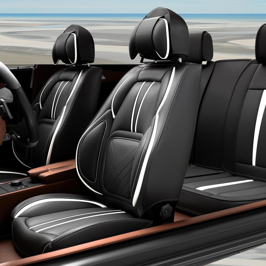 5PCS 2025 Front and Back Car Seat Covers Auto Interior Accessories with Water Proof Nappa Leather for Cars SUV Pick-up Truck Universal Comfortable and Breathable (Full Set, Black&White)