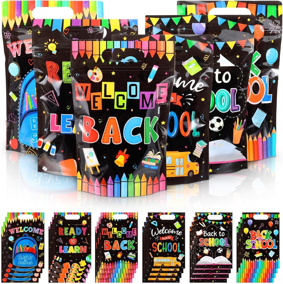 Kosiz 60 Pcs Back to School Gift Bags with Handles Plastic Welcome Back Sealing Candy Treat Goodie Cookie Bags Bulk for First Day of School Classroom Birthday Party Favors Supplies
