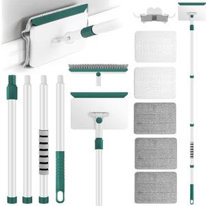Baseboard Cleaner Tool with Handle, 60" Extendable Long Handle Baseboard Cleaner with 5 Reusable Pads for Baseboards Cleaning, Ceiling, Wall, Floor, Bathroom, Kitchen (Green)