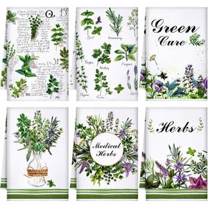 FuWeave 6 Pcs Herb Kitchen Towels Dish Hand Tea Towels Kit Printed with Green Herbs Leaves Decorative Kitchen Dish Cloths Gifts for Farmhouse Baking Cooking Bar Bathroom Home Decor, 16x24 Inch
