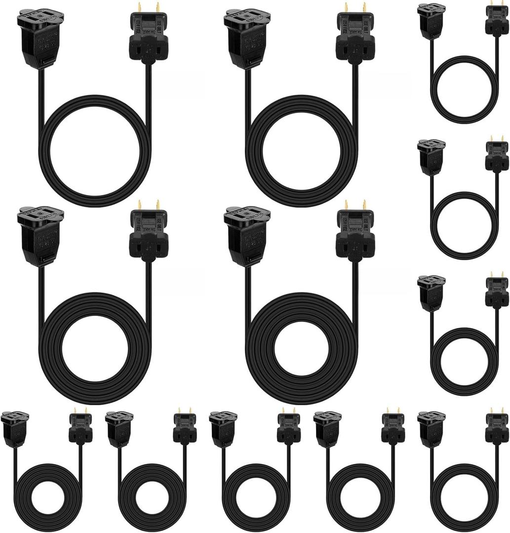 Yunsailing 12 Pack 2 Prong Extension Cords 3ft 6ft 9ft 12ft Assorted Lengths for Christmas Lights Indoor Outdoor 20AWG Polarized Power Extension Cable for Holiday String Lights Decorations(Black)