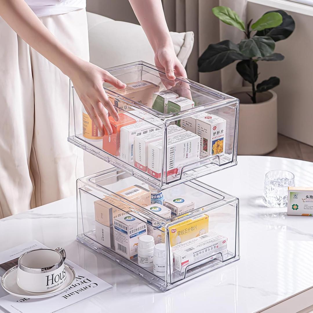 Sgoostood 2 Pack Stackable Organizer Drawers, Clear Desk Storage Box,Transparent Drawer in Home, Office and Kitchen Pull Out Organizer Bins for Make Up, Pen, Desktop Stationary (2Extra Large)