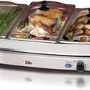 Elite Gourmet EWM-9933 Triple 3 x 2.5 Quart Trays Buffet Server 7.5 Qt Oven Safe Pan Food Warmer, Temperature Control, Clear Slotted Lids, Perfect for Parties, Entertaining & Holidays, Stainless Steel (7.5 Quart / 4 Trays)
