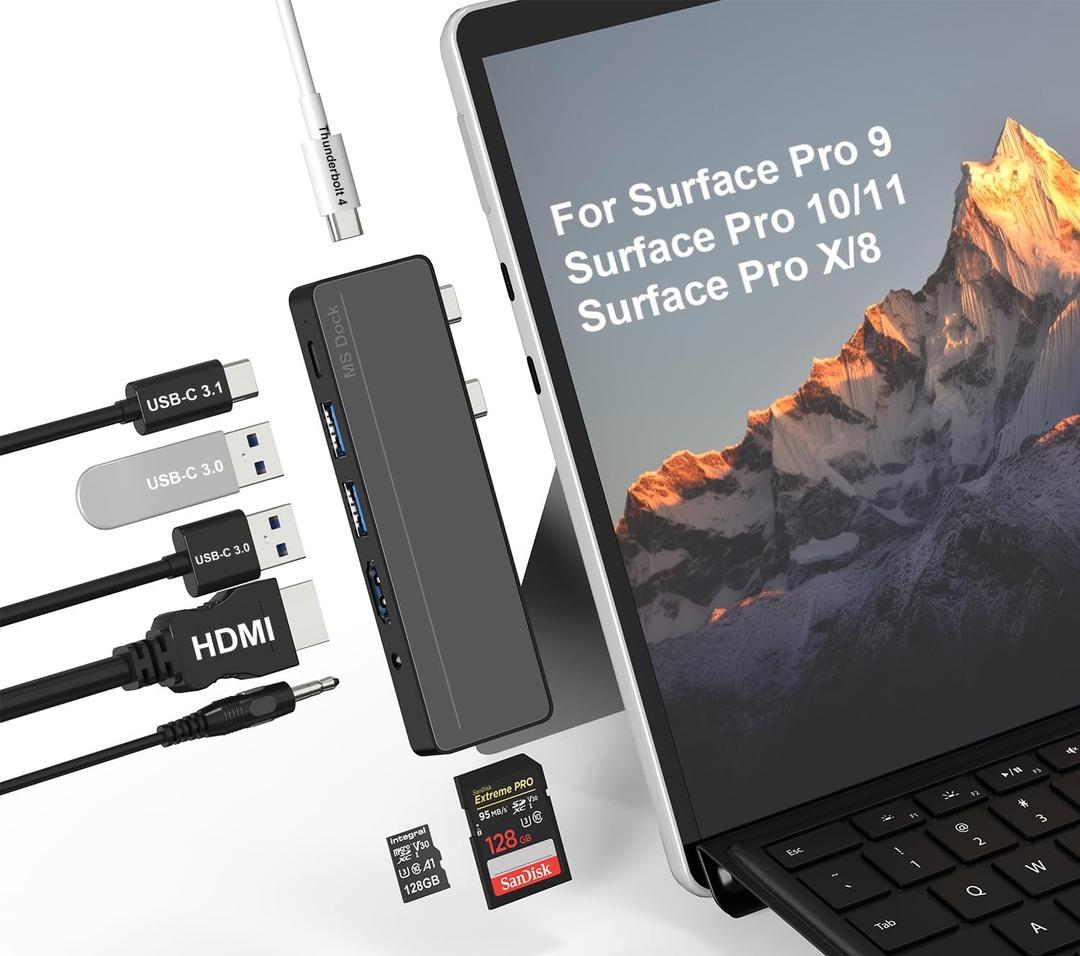 Surface Pro 8/9/X/10/11 Docking Station - Surface Pro 11 USB C Adapter Multiport Hub with 4K HDMI, Thunderbolt 4, USB 3.0, SD/TF Reader, 3.5mm Audio Surface Pro Copilot Accessories
