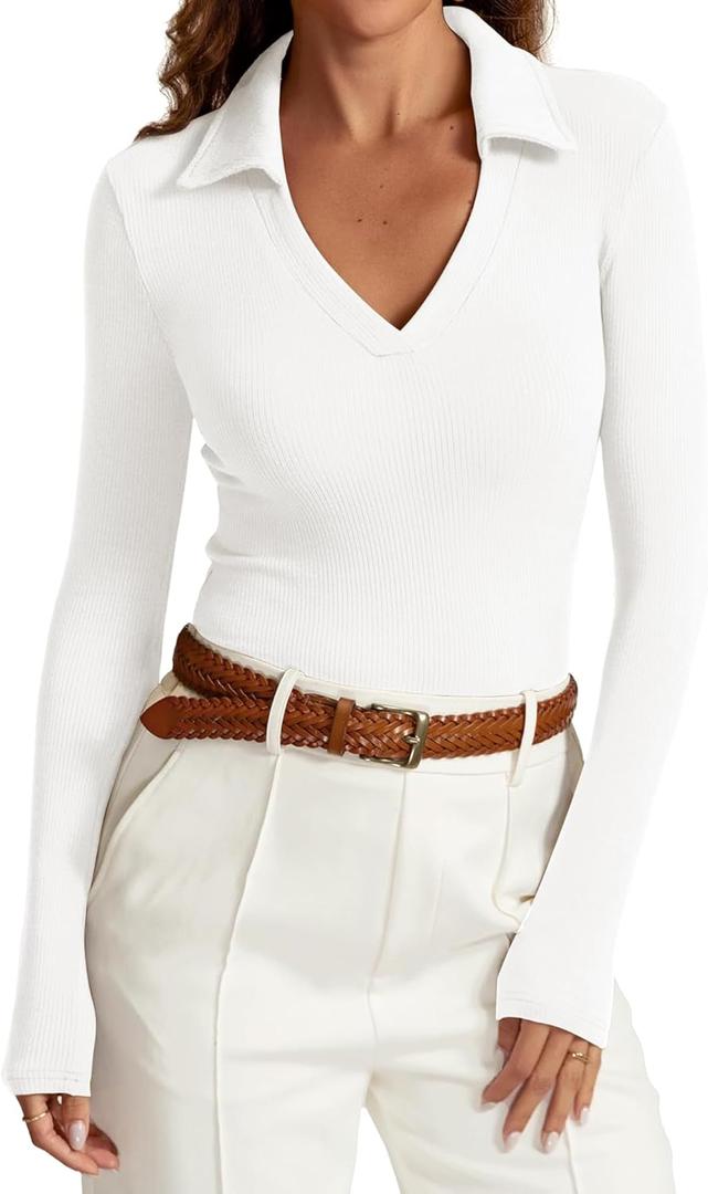 iGENJUN Womens Long Sleeve V Neck Polo Shirts Business Casual Collared Work Top Slim Fitted Basic 2025 Fall Shirt (Medium, White)