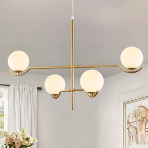 4 Lights Modern Gold Sputnik Chandelier, L31 '' Large Mid Century Long Ceiling Pendant Light Fixtures with Milk Glass Globe Shades for High Ceiling Living Room Foyer Dining Room Bedroom