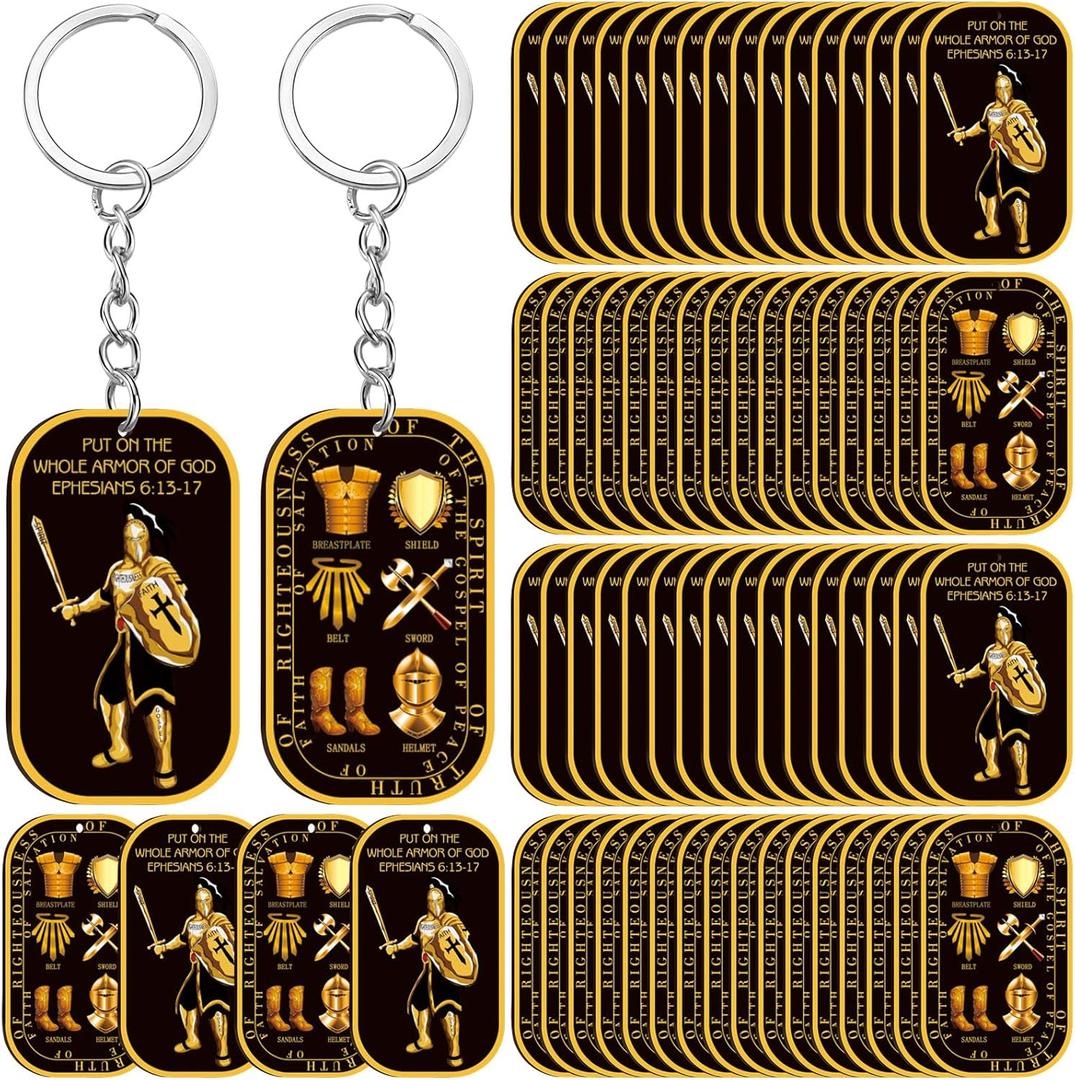 Sureio Christian Fathers Day Keychains Gifts Bulk Put on the Whole Armor of God Acrylic Military Knight Dog Tag Key Chains
