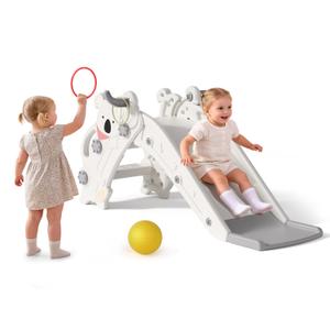Babytronic Toddler Slide Indoor & Outdoor Playground, 4-in-1 Baby Slide with Climber, Basketball Hoop & Ring Toss, Foldable Freestanding Kids Slide, Climber Playset for Toddlers Ages 1-3, Cream & Gray