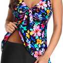 Yonique Women 2 Piece Flowy Tankini Swimsuits with Boyshorts V Neck Swim Tank Tops Bathing Suits Modest Swimwear (X-Large, Colorful Floral-1)