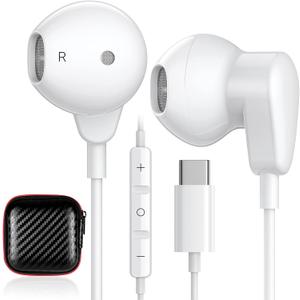 USB C Headphone for iPhone 16 Pro Max 16e 15 Plus for Samsung S25 S24 S23 FE S22 S21 A16 A53 A54 Galaxy Z Flip 6 Type C Earphone with Mic Control Noise Cancel Wired Earbuds for iPad 10 11 Pixel 7 8 9 (White)
