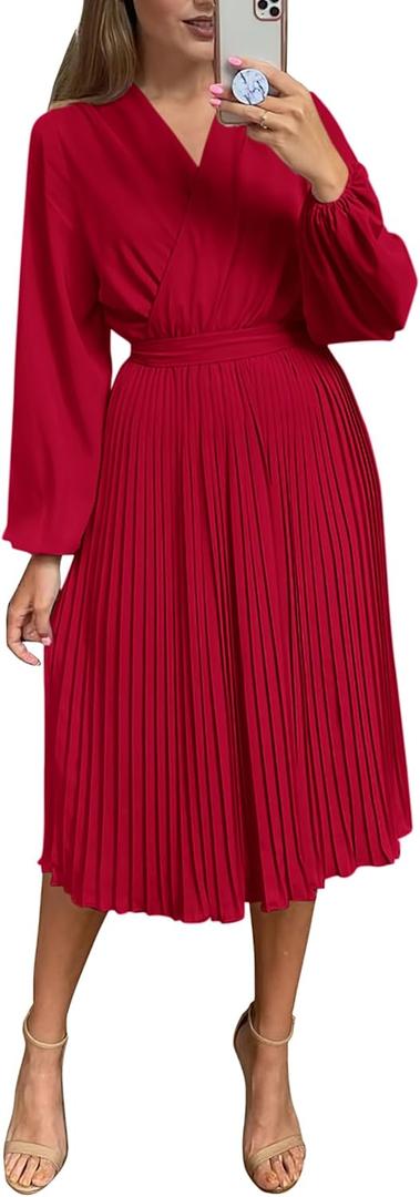 PRETTYGARDEN Women's Spring Midi Dress Long Puff Sleeve Wrap V Neck Flowy Ruffle Pleated Casual Fall Dresses (Large, Red)