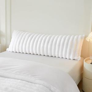 MEGO Fluffy Faux Rabbit Fur Body Pillow Cover, Soft Plush Fuzzy Wide Striped 20x54 Zippered Body Pillowcase, Decorative Shaggy Furry Bedroom Long Pillow Cover for Pregnant Women Side Sleeper, White
