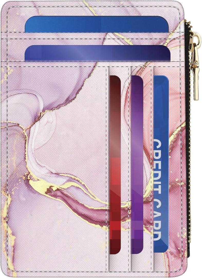 small wallet women, RFID thin wallet for women, thin ladies credit card holder (Pink Marble 1)