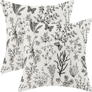 AEIOAE Spring Pillow Covers 22x22 Inch Set of 2,Black Gray Wild Flower Plant Throw Pillows Case,Seasonal Floral Outdoor Decorative Square Linen Farmhouse Decor Cushion Covers for Home Sofa Bed Couch
