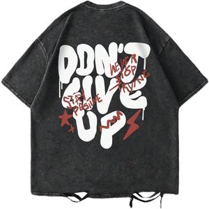 Men's Letter Graphic Oversized Tshirts Ripped Short Sleeve Baggy Distressed Tee Shirt (Medium, Black)