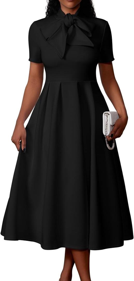Memoriesea Women's Elegant Casual Short Sleeve Work Party A-Line Dress with Pockets Black, XL