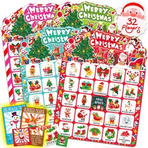 56 Sheets Christmas Bingo Game, 32 Players Christmas Bingo Cards for Kids Adults Christmas Party Game for Family Large Group Winter Holiday Party Favor Kids Bingo