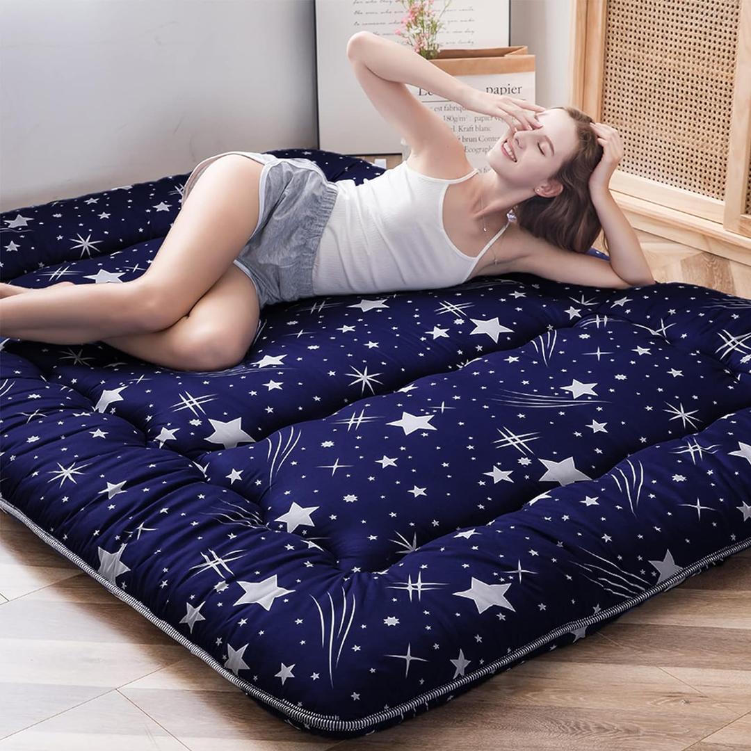 MAXYOYO Navy Starry Sky Japanese Floor Futon Mattress, Tatami Mat Portable Camping Mattress Kids Sleeping Pad Foldable Roll Up Floor Lounger Couch Bed, King Size