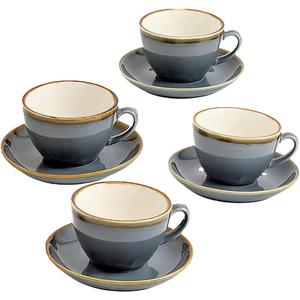 SHUER Ceramic Cappuccino Cup Set of 4, 11.2 OZ Cups and Saucers Set,Coffee Mocha Cup Sets,Black Coffee Cups and Glaze Americano Mug Great for Party and Low Tea Time (Blue 320ml)