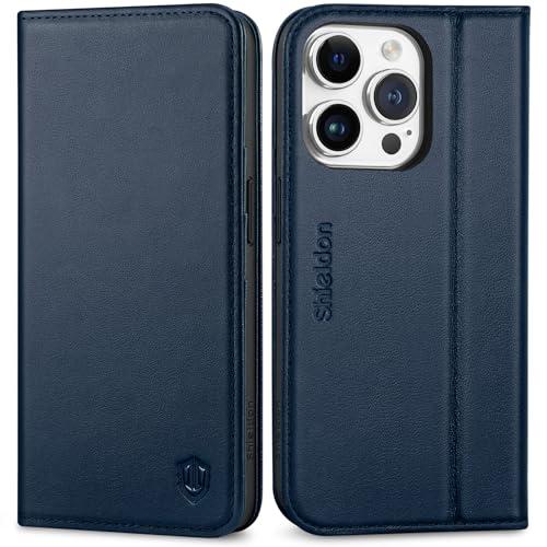 SHIELDON Wallet Case for iPhone 15 Pro 2023, Genuine Leather Flip Cover Kickstand RFID Blocking Card Slots Magnetic Shockproof TPU Shell Case Compatible with iPhone 15 Pro 5G (6.1 Inch) - Navy Blue