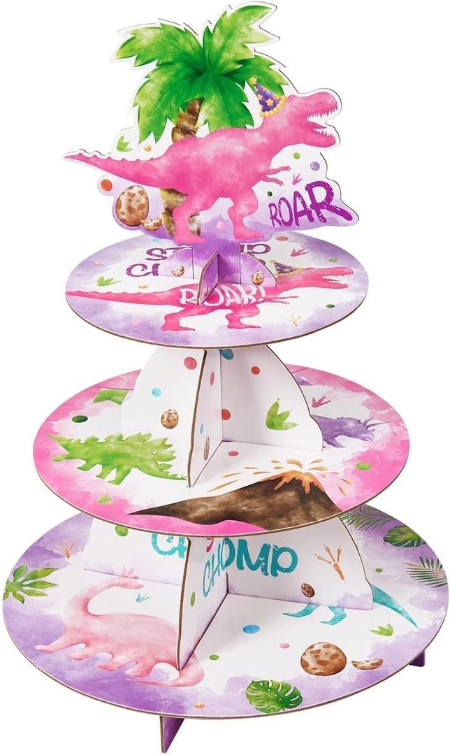 WERNNSAI 3-Tier Watercolor Dinosaur Cupcake Stand - Dinosaur Birthday Party Decorations for Girls Kids Pink Cupcake Holder Reusable Cardboard Dessert Tower for Dino Theme Party Baby Shower Supplies