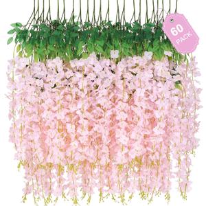 60 Pack Light Pink Wisteria Hanging Flowers, Fake Flowers for Decoration, Artificial Hanging Flowers,Vines for Bedroom,Flower Garland for Home,Party,Garden, Wall,Wedding Decoration(3.6 Ft/Pcs)